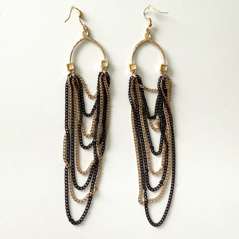 Vintage Style Two Toned Gold & Black Metal Long Dangling Chain Hoop Earrings - Picture 5 of 7